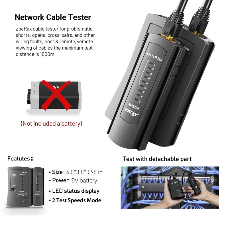Zoerax Network Tool Kit, ZOERAX 11 in 1 Professional RJ45 Crimp Tool Kit - Pass Through Crimper, RJ45 Tester, 110/88 Punch Down Tool, Stripper, Cutter, Cat6 Pass Through Connectors and Boots - Image 3