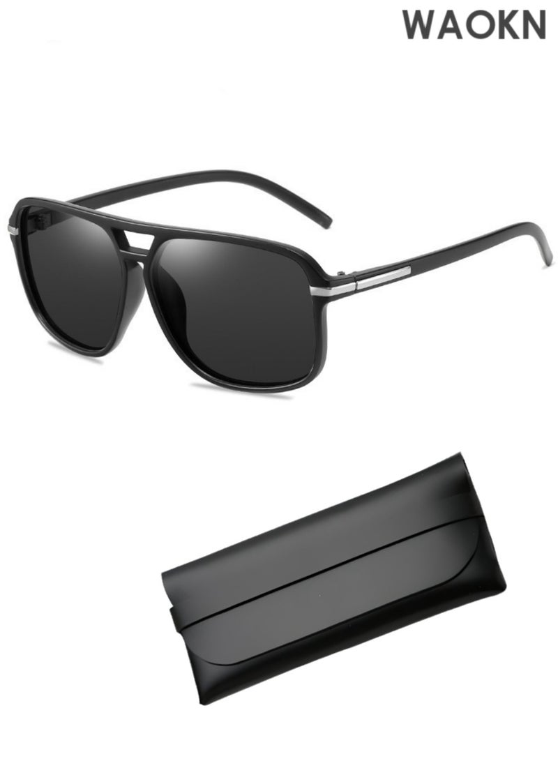 دبليو أيه أو كي أن نظارات شمسية كبيرة الحجم مستقطبة عتيقة للرجال والنساء، نظارات شمسية للسفر والقيادة، ظلال سوداء مضادة للتوهج UV400، نظارات شمسية عصرية للقيادة للرجال، مستقطبة خفيفة الوزن للغاية بإطار مربع، جسر مزدوج. - Image 1