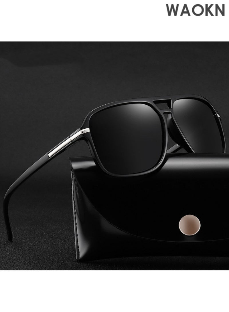 دبليو أيه أو كي أن نظارات شمسية كبيرة الحجم مستقطبة عتيقة للرجال والنساء، نظارات شمسية للسفر والقيادة، ظلال سوداء مضادة للتوهج UV400، نظارات شمسية عصرية للقيادة للرجال، مستقطبة خفيفة الوزن للغاية بإطار مربع، جسر مزدوج. - Image 2