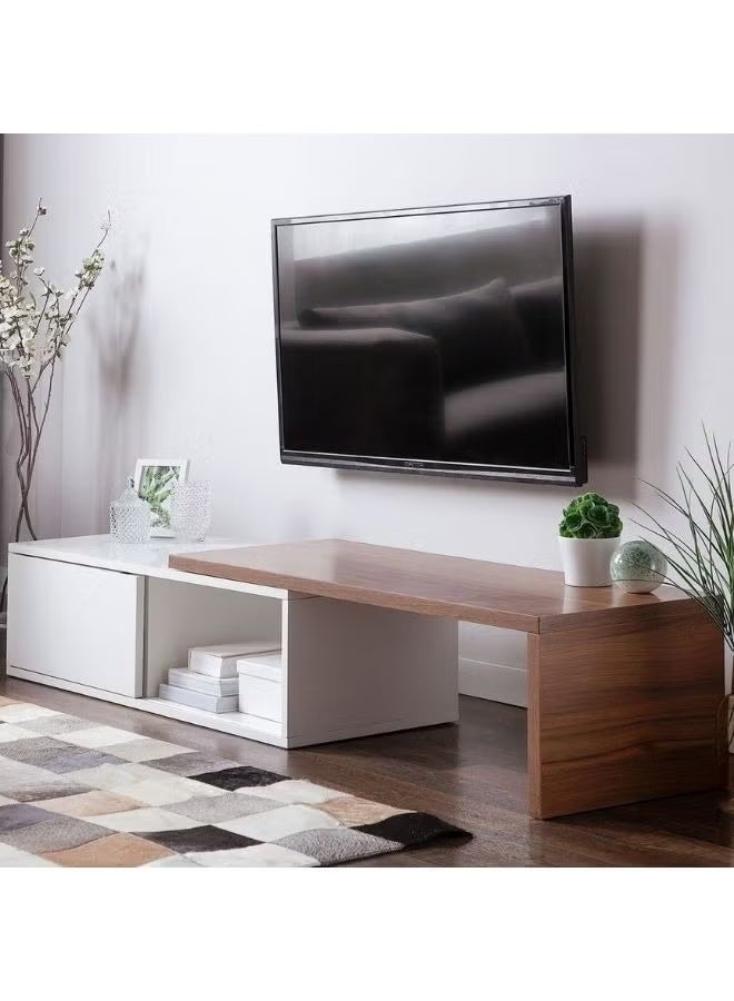 Al Zakharef Furniture Al Zakharef Blair Adjustable TV Stand – White & Dark Wood | Modern Entertainment Unit for TVs Up to 70” | Sliding Top 110–160 cm | MDF Wood Media Console with Storage Shelves - Image 1