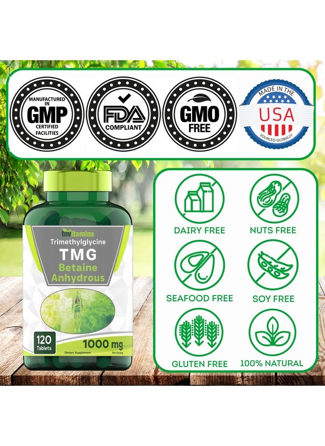 tnvitamins - tnvitamins TMG Supplement 1000mg (Betaine Anhydrous) 120 Tablets | Better Than Betaine HCL* | Homocysteine Support* | Trimethylglycine | Non-GMO, Made in The USA! - Image 1