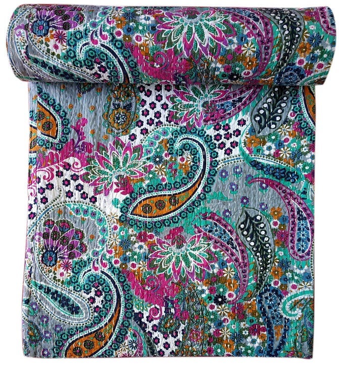 CREATIONS CREATIONS TRADITIONAL ETHNIC KANTHA INDIAN BEDDING EMERALD COTTON TROPICAL FRUIT HAND STITCHED BEDDING BED COVER BY CREATIONS CREATIONS90X108 INCH