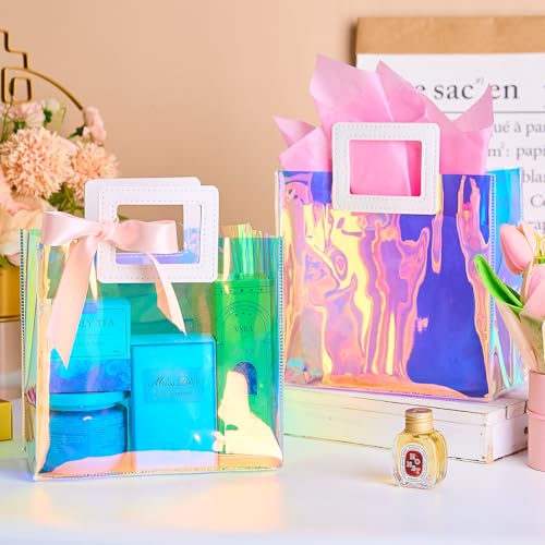 Ohuimrt 2 Pack Holographic Small Gift Bags with Tissue Paper, 7.9 x 8.3 x 3.9 Inch Reusable Birthday Gift Bags for Women Girls Iridescent Bachelorette Party Favor Bags with Handles - Image 2