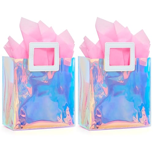Ohuimrt 2 Pack Holographic Small Gift Bags with Tissue Paper, 7.9 x 8.3 x 3.9 Inch Reusable Birthday Gift Bags for Women Girls Iridescent Bachelorette Party Favor Bags with Handles - Image 1