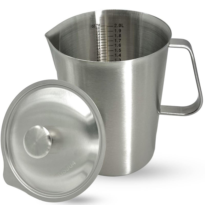 XDONEF Stainless Steel Pitcher with Lid, 70 oz Large Metal Measuring Cup with Handle, 8 Cup Milk Frothing Jug 2 Liter Water Pitcher for Coffee Latte Art Cappuccino Espresso Machine Accessories - Image 1