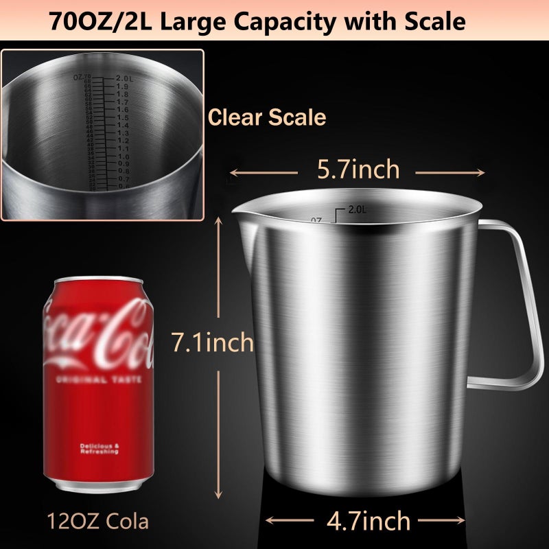 XDONEF Stainless Steel Pitcher with Lid, 70 oz Large Metal Measuring Cup with Handle, 8 Cup Milk Frothing Jug 2 Liter Water Pitcher for Coffee Latte Art Cappuccino Espresso Machine Accessories - Image 3