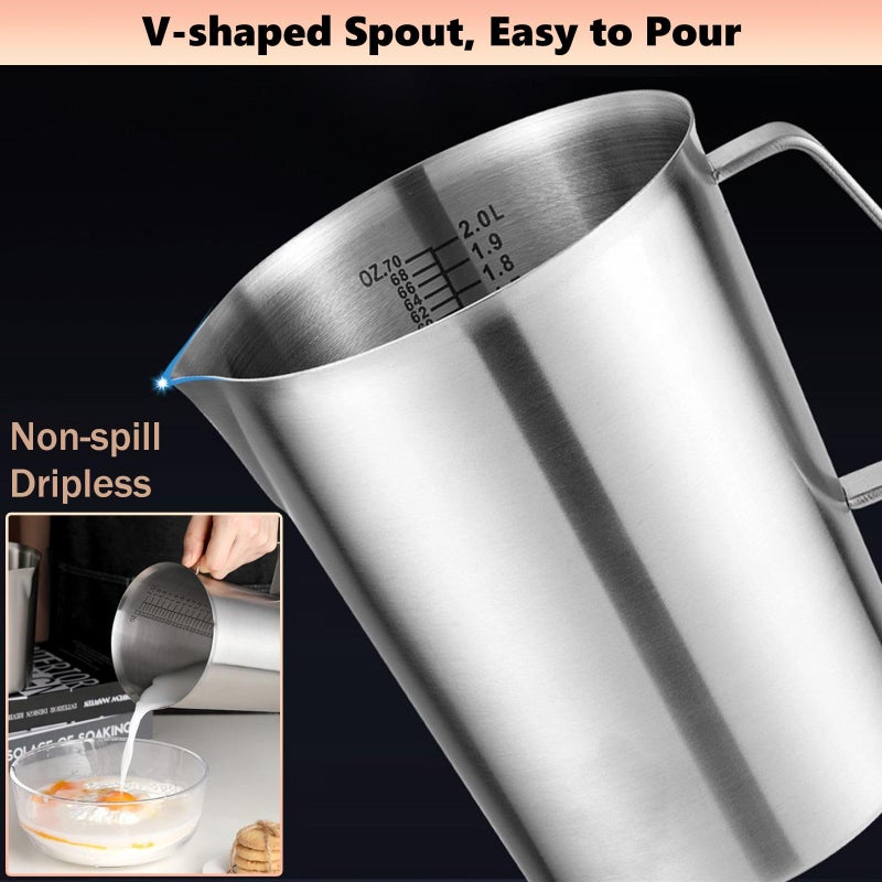 XDONEF Stainless Steel Pitcher with Lid, 70 oz Large Metal Measuring Cup with Handle, 8 Cup Milk Frothing Jug 2 Liter Water Pitcher for Coffee Latte Art Cappuccino Espresso Machine Accessories - Image 4