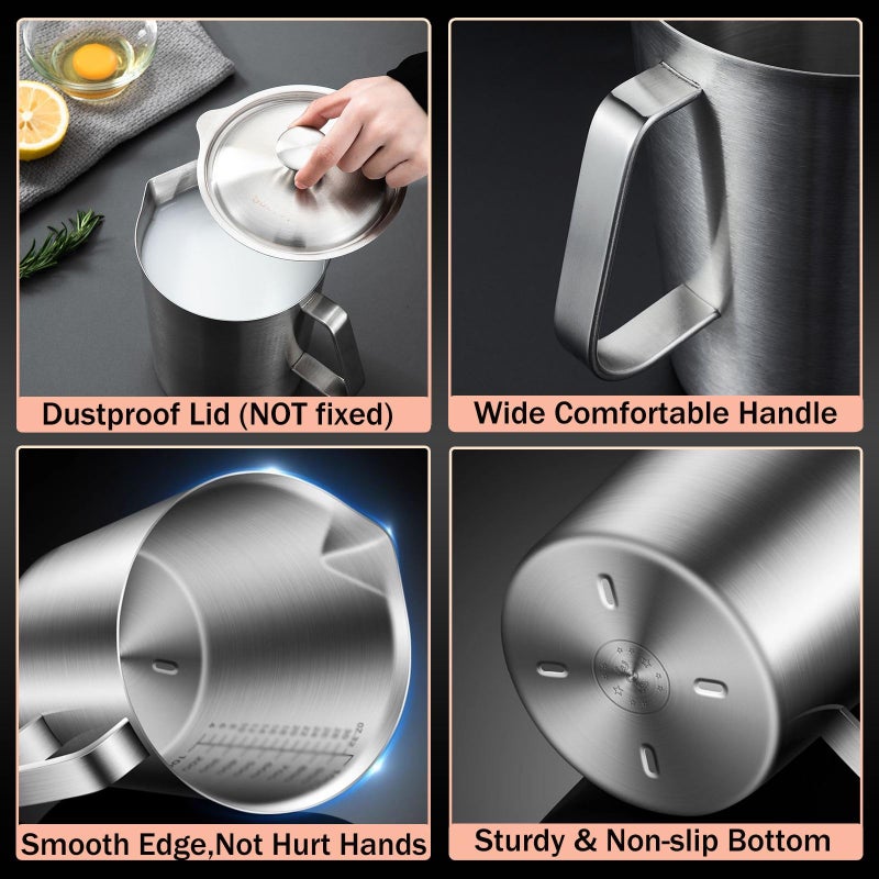 XDONEF Stainless Steel Pitcher with Lid, 70 oz Large Metal Measuring Cup with Handle, 8 Cup Milk Frothing Jug 2 Liter Water Pitcher for Coffee Latte Art Cappuccino Espresso Machine Accessories - Image 5