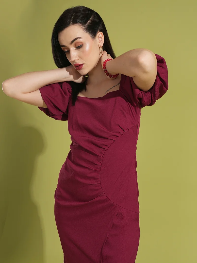 globus Women Puff Sleeve Sheath Midi Dress