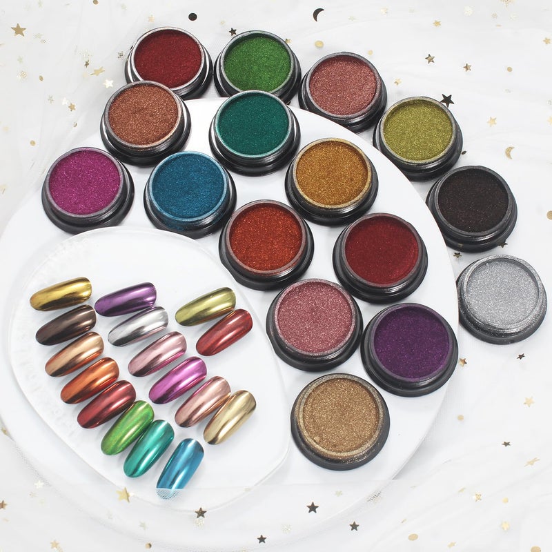 Artdone 16 Jars Chrome Nail Pearl Powder Silver and Gold Mirror Iridescent Aurora Metallic Nail Pigment Pearlescent Mermaid Pigment Pearl Dust Kit, Nail Art Decoration, Acrylic Resin Craft - Image 3