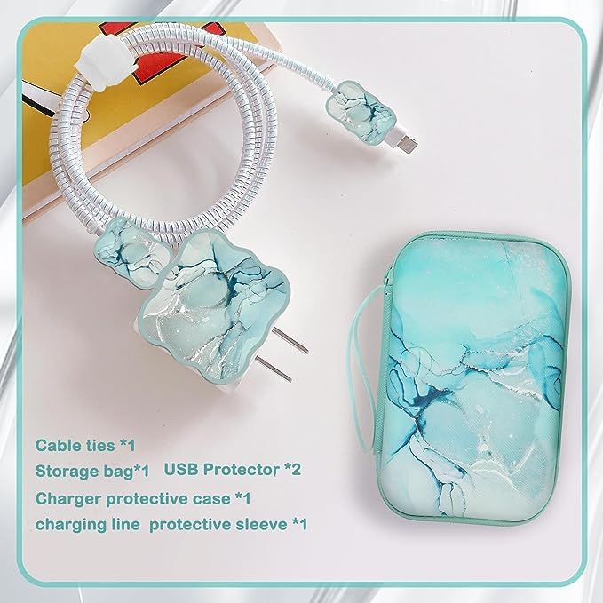 FACTOTECH iPhone Charger Protector Case with Carrying Bag Compatible for Apple 18W 20W iPhone 15 14 13 12 11 Pro/PRO MAX Adapter and Lightning Cable Protective Sleeve with Pouch Case(Green Marble) - Image 2