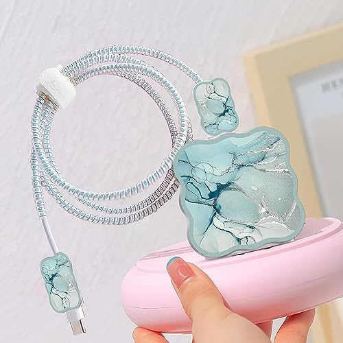 FACTOTECH iPhone Charger Protector Case with Carrying Bag Compatible for Apple 18W 20W iPhone 15 14 13 12 11 Pro/PRO MAX Adapter and Lightning Cable Protective Sleeve with Pouch Case(Green Marble) - Image 3