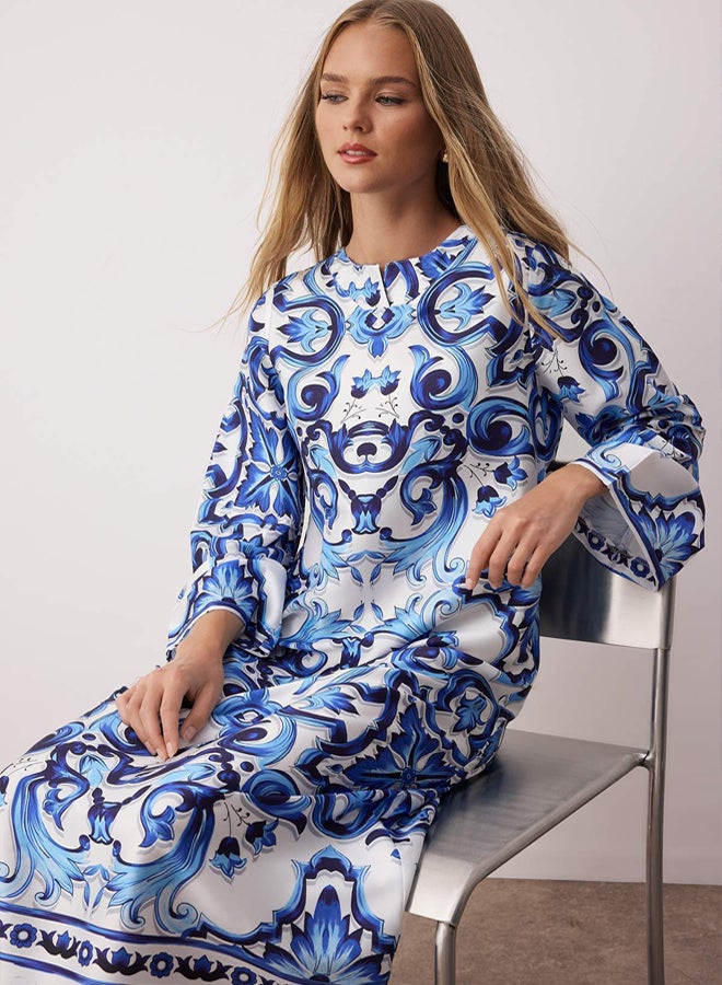 trendyol Blue Satin Surface Ethnic Patterned Evening Dress TCTSS23DB00028 - Image 2