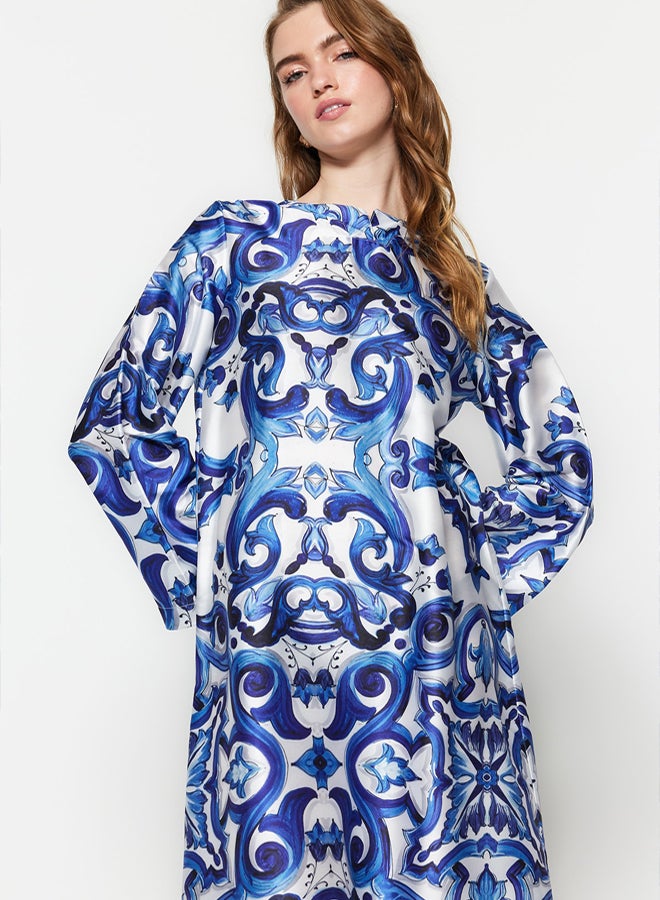 trendyol Blue Satin Surface Ethnic Patterned Evening Dress TCTSS23DB00028 - Image 5