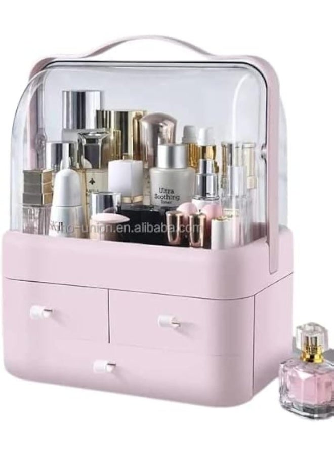 منظم مكياج كبير، تخزين مستحضرات التجميل والمجوهرات مع غطاء مضاد للغبار، صناديق عرض مع أدراج لكونتر الفانيتي، الحمام أو التسريحة، مصنوع من ABS (وردي) - Image 1