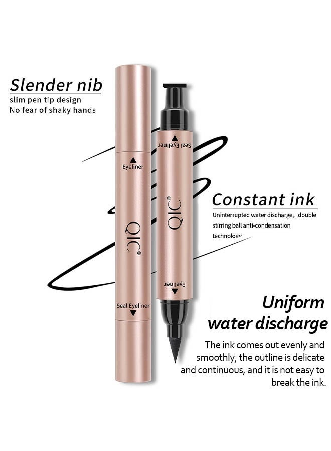 كيو اي سي قلم تحديد الختم ، كحل السائل ختم الجناح بطانة ، طوابع كحل مجنحة لعيون القطط ، طويلة الأمد سوبر سليم دقيقة شعر تلميح السائل مزدوج الرأس أدوات الوشم بطانة العين # 01 أسود - Image 5