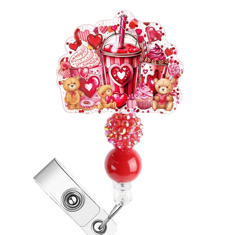 AFRITEE Valentines Day Badge Reel, Cute Bear Heart Coffee Drink Retractable Badge Holder Gift for Nurse, Holiday Badge Acrylic Scroll Working Accessory Gift for Nursing LPN MA RN CNA - Image 1