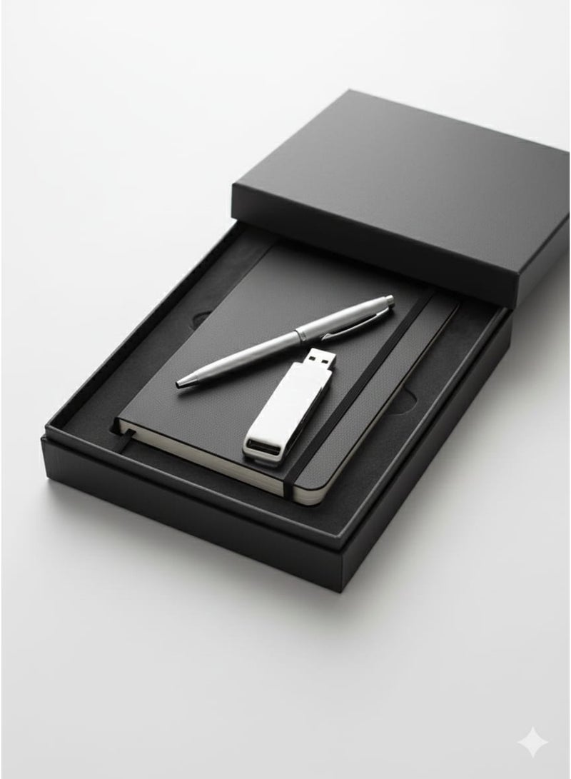 A lined notebook with a soft-touch hard cover, a stainless steel pen, and a USB flash drive. It has a modern and elegant design and makes a suitable gift. - Image 1