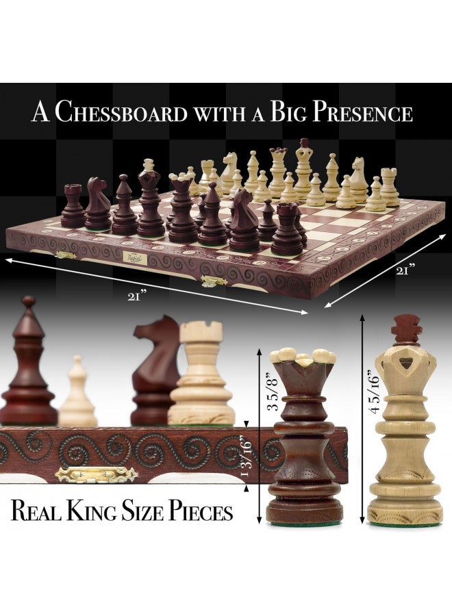 Wegiel Imperator 21-Inch Luxury Wooden Chess Set for Adults and Kids - Handcrafted from Premium Beech and Birch Wood - Unique Folding Design with Chess Piece Storage, Brown - Image 2