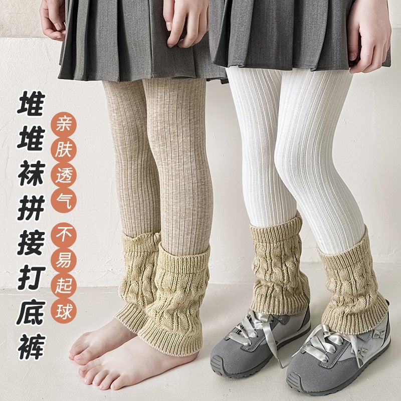 New Children'S Combed Cotton Striped Fashion Stitching Hemp Pattern Socks Cropped Pants Girls' Stitching Leggings - Image 5