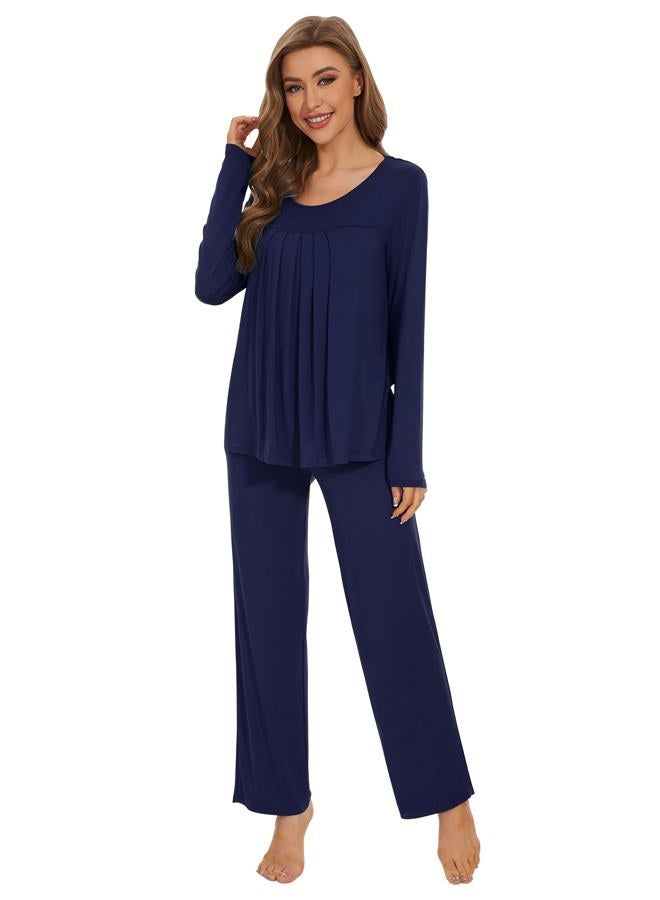 Wiwi Bamboo Viscose Pajamas Sets for Women Scoop Neck Pleated Front Sleepwear Long Sleeve Loungewear Set S-XXL, Navy, Medium - Image 3