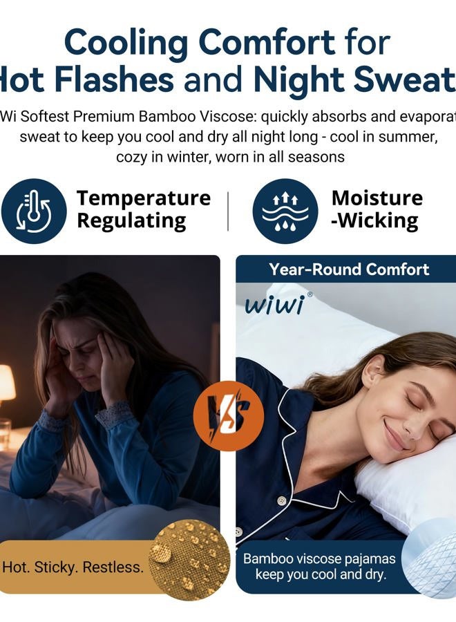 Wiwi Bamboo Viscose Pajamas Sets for Women Scoop Neck Pleated Front Sleepwear Long Sleeve Loungewear Set S-XXL, Navy, Medium - Image 5