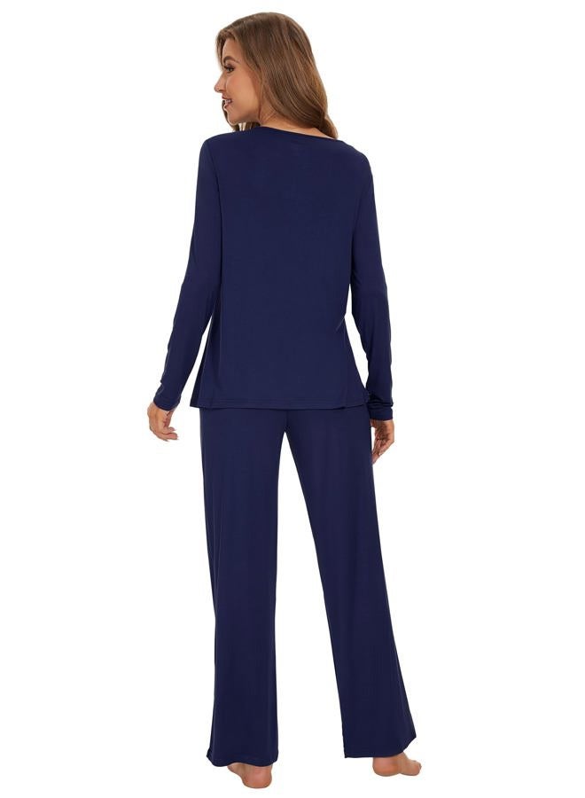 Wiwi Bamboo Viscose Pajamas Sets for Women Scoop Neck Pleated Front Sleepwear Long Sleeve Loungewear Set S-XXL, Navy, Medium - Image 2