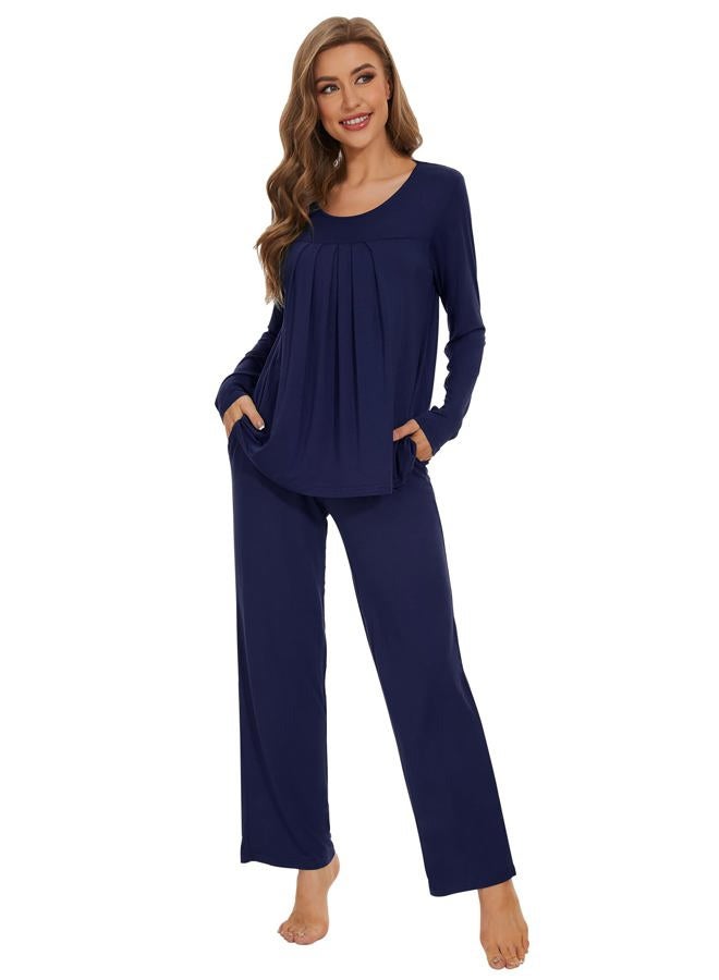 Wiwi Bamboo Viscose Pajamas Sets for Women Scoop Neck Pleated Front Sleepwear Long Sleeve Loungewear Set S-XXL, Navy, Medium - Image 1