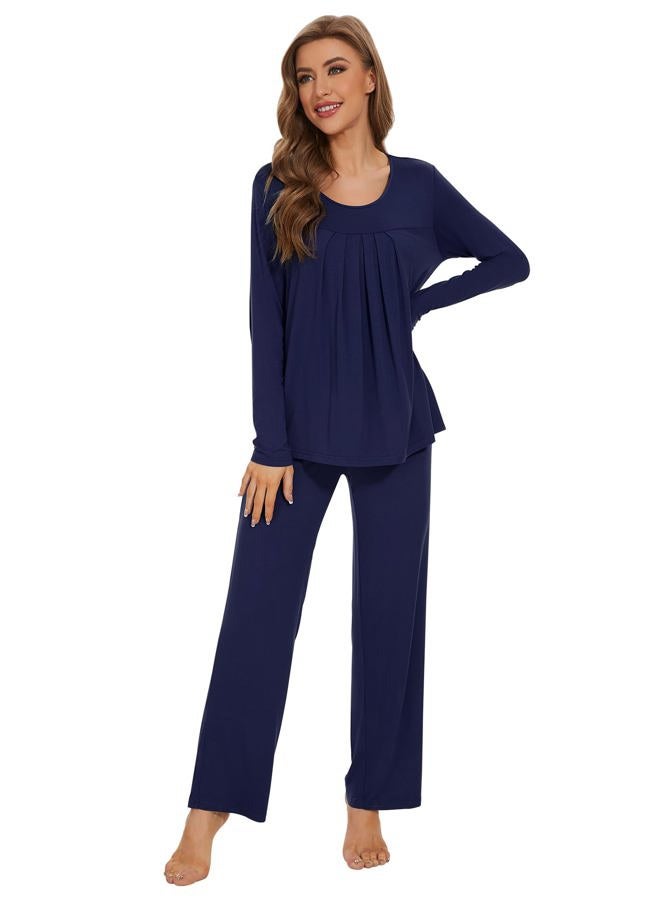 Wiwi Bamboo Viscose Pajamas Sets for Women Scoop Neck Pleated Front Sleepwear Long Sleeve Loungewear Set S-XXL, Navy, Medium - Image 4