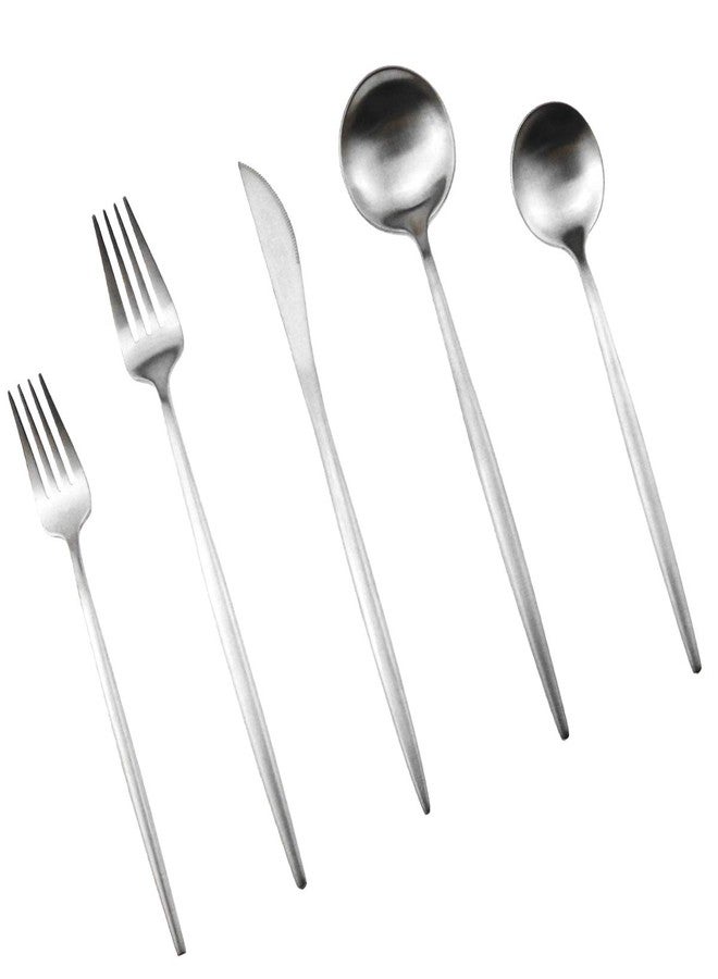 Gugrida Silver Flatware, Royal 5 Piece Luxury Matte Finish 18/10 Stainless Steel Tableware Sets for 1 Including Forks Spoons Knives, Camping Silverware Travel Utensils Set Cutlery (Silver) - Image 1