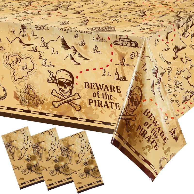 Irenare Pirate Party Tablecloth Treasure Map Tablecover Plastic Island Treasure Table Covers Pirate Nautical Supplies for Birthday Party Decoration 54 x 108 Inches3 Pieces - Image 1