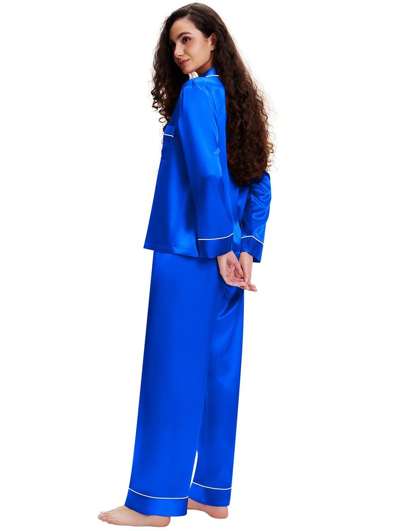 Lonxu Womens Silk Satin Pajamas Set Sleepwear Loungewear Invy XL Royal Blue - Image 3