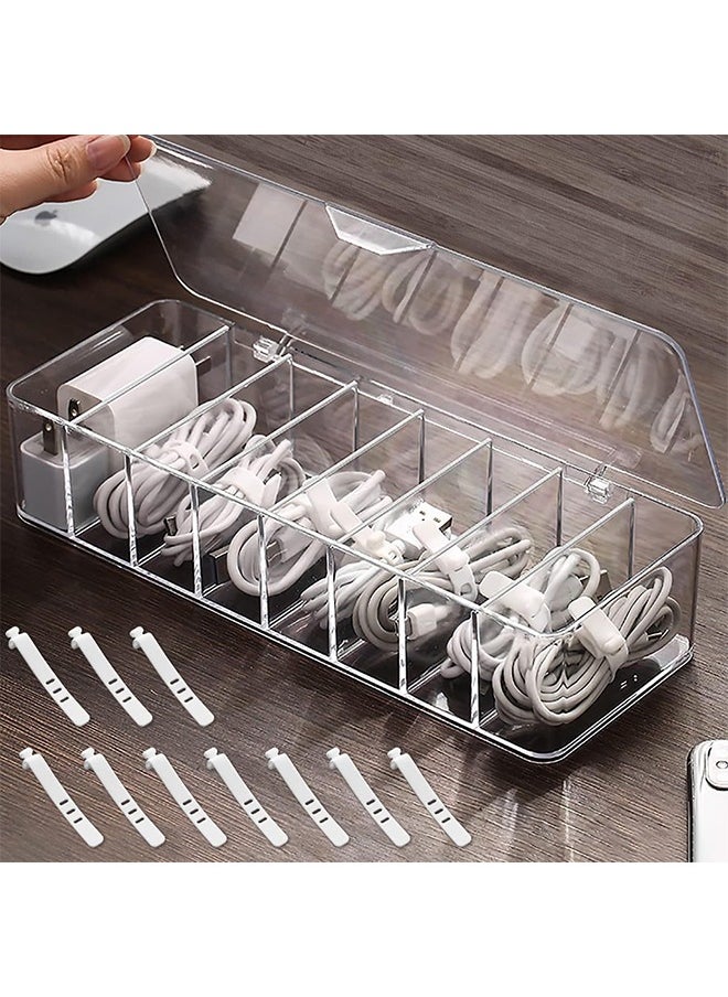 SYOSI - Data Cable Organizer Box, with 10 Wire Ties, Clear Power Cord Management with 8 Compartment  (with Lid) - Image 1