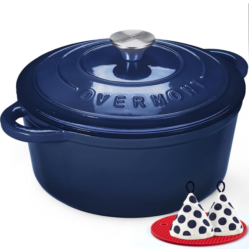 Overmont Enameled Cast Iron Dutch Oven - 5.5QT Pot with Lid Cookbook & Cotton Potholders - Heavy-Duty Cookware for Braising, Stews, Roasting, Bread Baking Indigo Blue - Image 1
