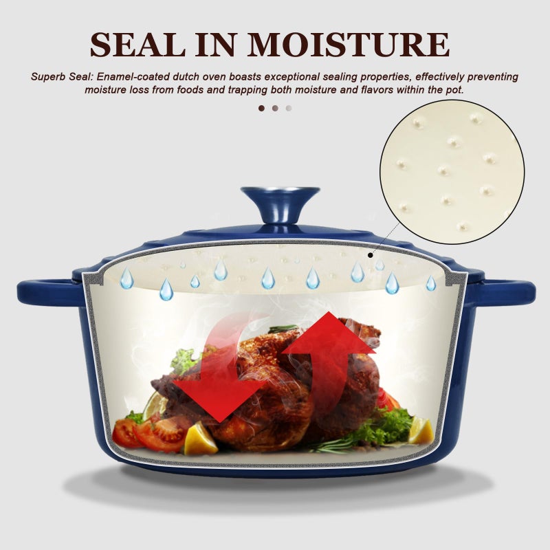 Overmont Enameled Cast Iron Dutch Oven - 5.5QT Pot with Lid Cookbook & Cotton Potholders - Heavy-Duty Cookware for Braising, Stews, Roasting, Bread Baking Indigo Blue - Image 2