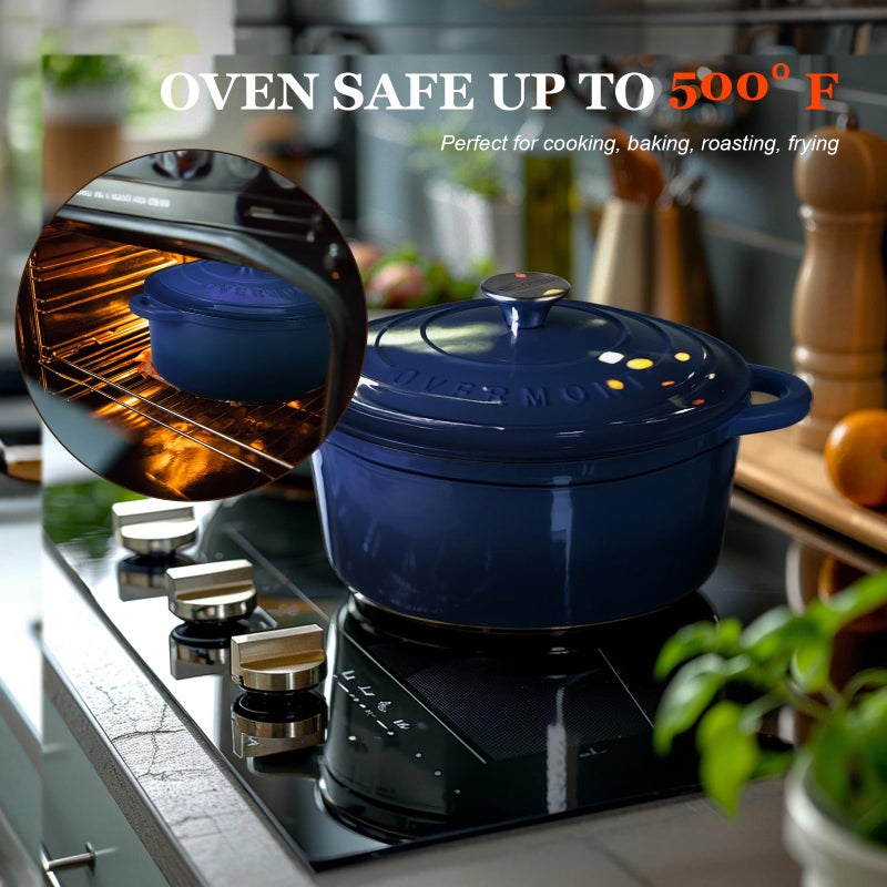 Overmont Enameled Cast Iron Dutch Oven - 5.5QT Pot with Lid Cookbook & Cotton Potholders - Heavy-Duty Cookware for Braising, Stews, Roasting, Bread Baking Indigo Blue - Image 3