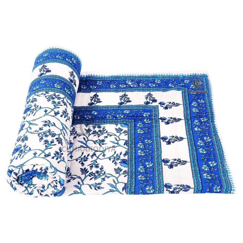 Lilfly Rajasthani Light Weight Single Bed Reversible Both Side use Soft Jaipuri AC Quilt/Razai Designer Blue Flower Design with Boarder Cotton Quilts (Size 55X85 inch)