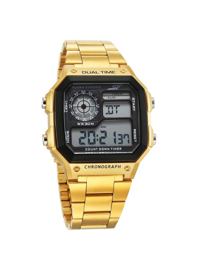 Sonata 77134PM03 Men's Digital Watch – Golden Dial, Stainless Steel Bracelet, Dual Time Display, 30m Water-Resistant - Image 1