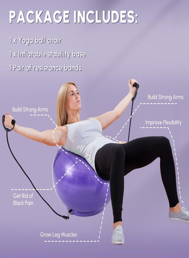 Blueweenly Yoga Ball Chair with Inflatable Stability Base Resistance Bands 65 cm Stability Ball Large Exercise Ball for Home Workout Office Desk Sitting Gym Fitness Back Pain Balance, Include Air Pump - Image 3