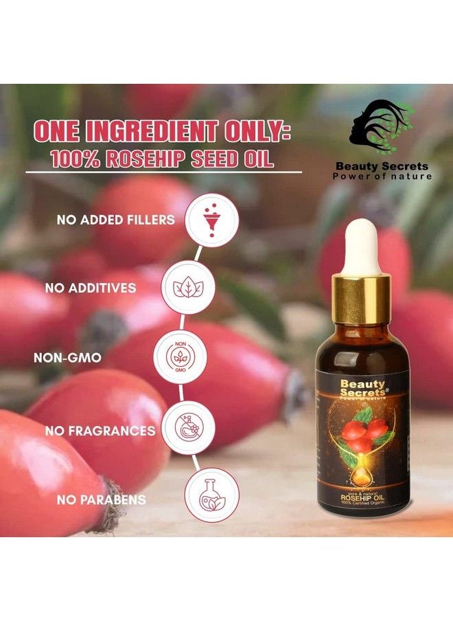 beauty Secrets - زيت ثمر الورد العضوي المعتمد من ريتس للوجه والجسم؛ مصل طبيعي مضاد للشيخوخة للعناية بالبشرة لتحسين مظهر الخطوط الدقيقة والتجاعيد وعلامات التمدد_30 مل - Image 1