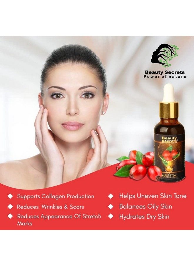 beauty Secrets - زيت ثمر الورد العضوي المعتمد من ريتس للوجه والجسم؛ مصل طبيعي مضاد للشيخوخة للعناية بالبشرة لتحسين مظهر الخطوط الدقيقة والتجاعيد وعلامات التمدد_30 مل - Image 1