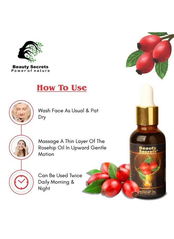 beauty Secrets - زيت ثمر الورد العضوي المعتمد من ريتس للوجه والجسم؛ مصل طبيعي مضاد للشيخوخة للعناية بالبشرة لتحسين مظهر الخطوط الدقيقة والتجاعيد وعلامات التمدد_30 مل - Image 1