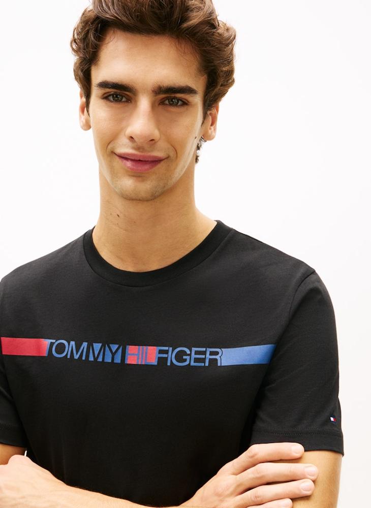 TOMMY HILFIGER Logo Stripe Jersey Crew Neck T-Shirt - Image 3