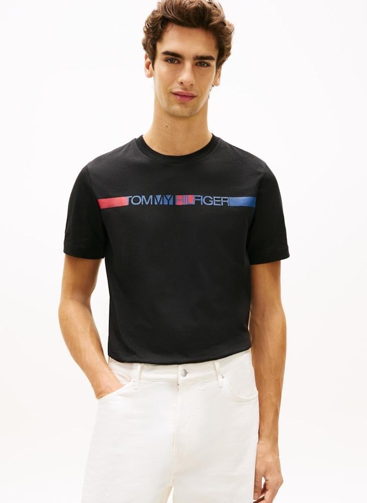 TOMMY HILFIGER Logo Stripe Jersey Crew Neck T-Shirt - Image 1