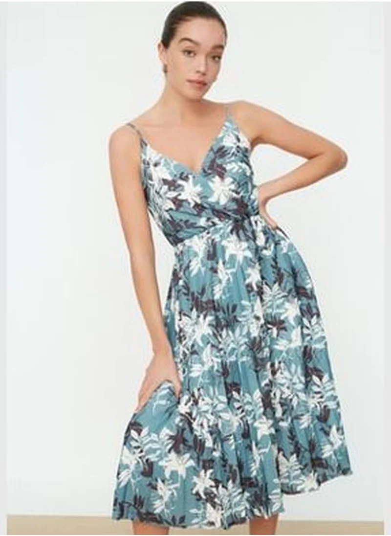 trendyol Mint Floral Print Open Waist/Skater Midi Double Breasted Pleated Straps Flexible Knit Dress TWOSS20EL2729