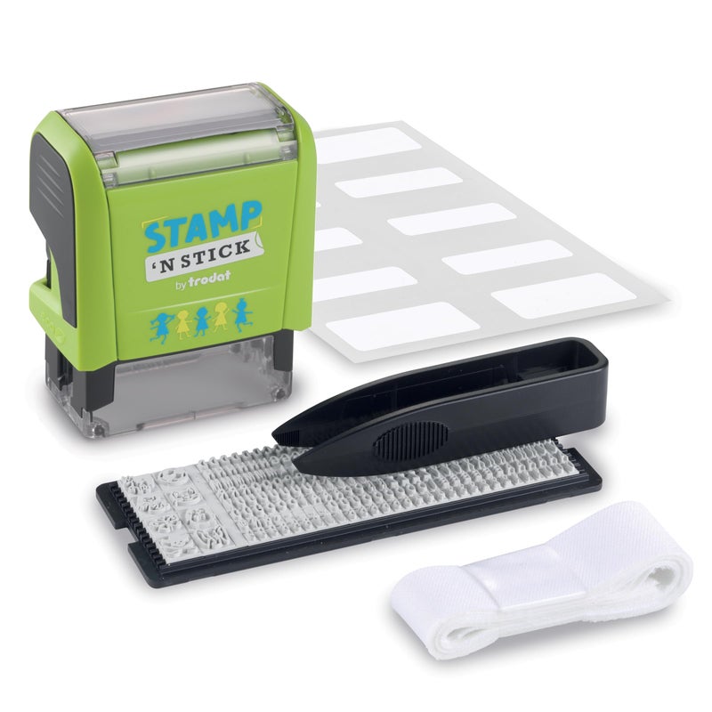 Trodat Stamp 'N Stick Clothes and Personal Belongings DIY Stamper, English Text with Special Characters â€“ 3 Lines â€“ Dermatologically Tested Ink, Dishwasher and Washing Machine Safe Ink - Image 1