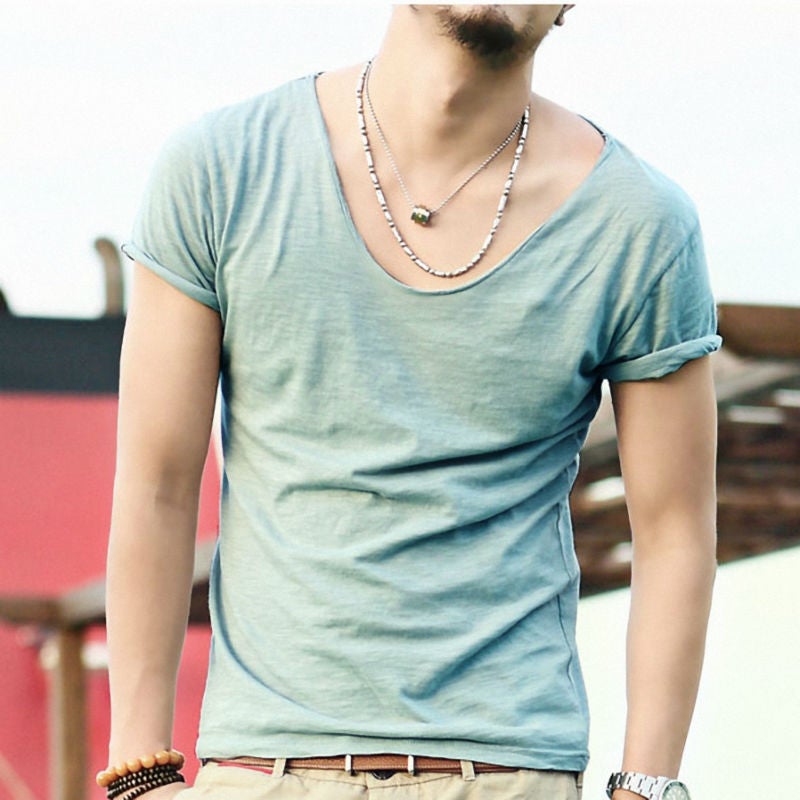Foreign Trade ebay Summer Mens Wide Collar Short-sleeved Solid Color Large Collar Low-cut Deep V-neck Slub Cotton Trendy Mens Slim-fit T-shirt Green Lotus color 