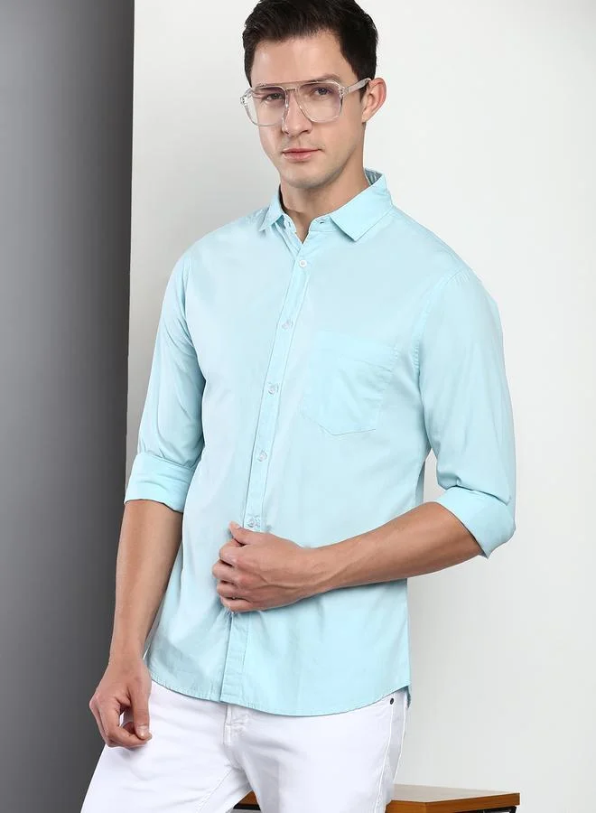 Dennis Lingo Men's Slim Fit Light Blue Casual Cotton Spread Shirt