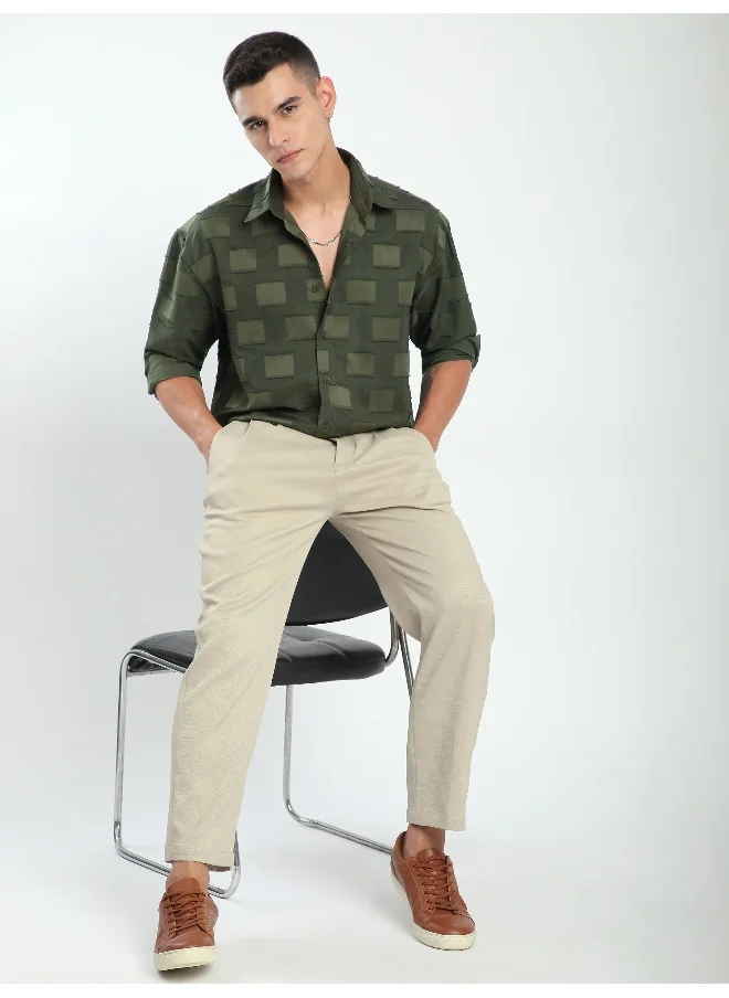 Beyoung Olive Fur Geometric Textured Shirt