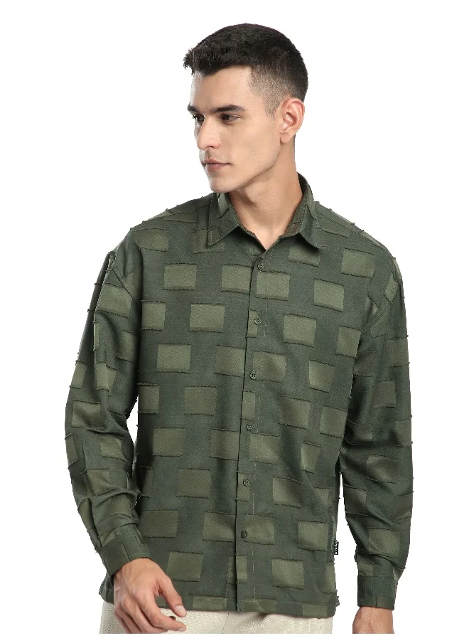 Beyoung Olive Fur Geometric Textured Shirt
